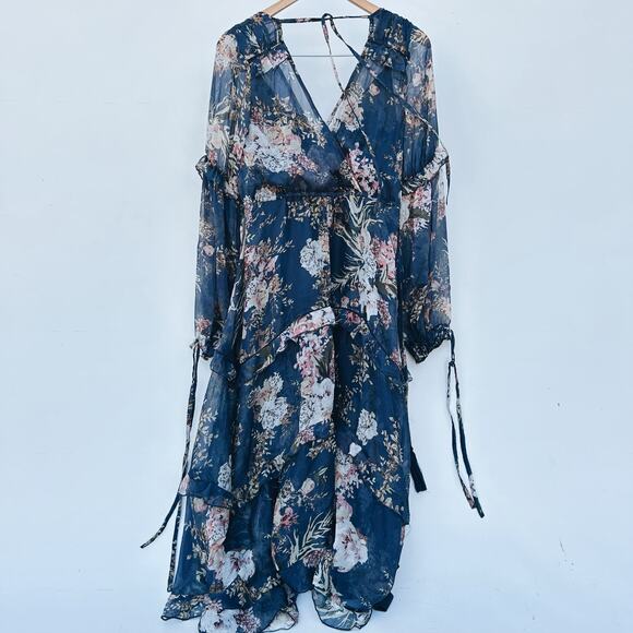 ASOS Tiered Chiffon Sheer Long Sleeve Midi Dress Navy Floral 2 Boho Flowy - Picture 5 of 12